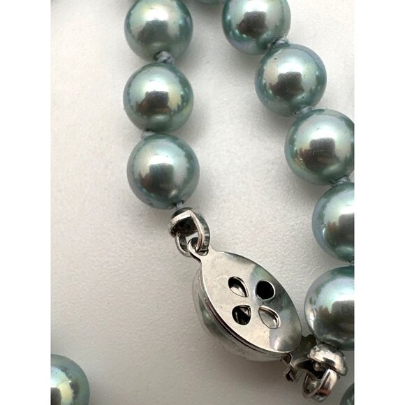 Vintage Inspired Blue Pearl Necklace Simulated Silver-Tone Clasp 6.3mm Beads - Picture 4 of 7